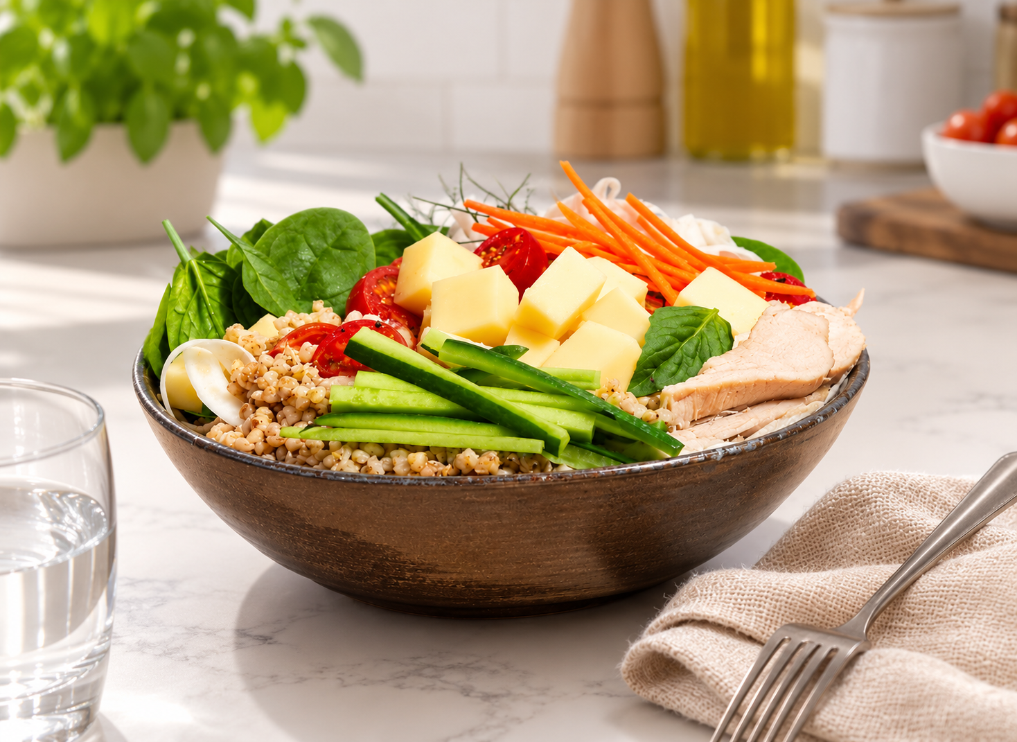 Bol de kasha avec légumes et poulet