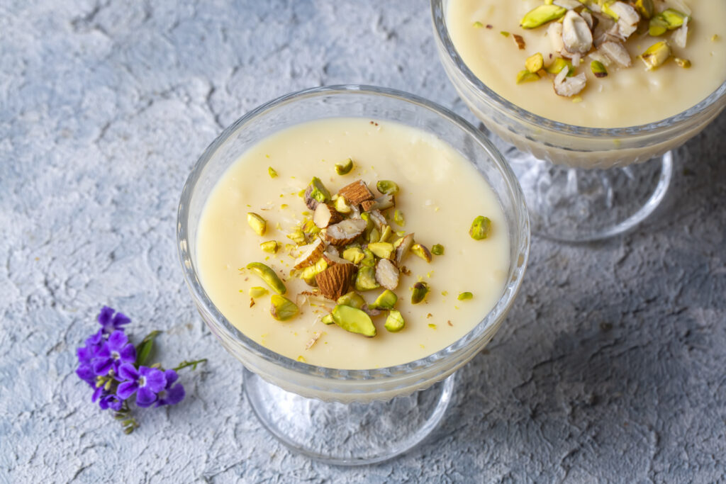 Mhalbi Pudding with White Chocolate, Cinnamon and Cardamom