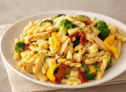 Mozzarella pasta with chicken, Alfredo-style
