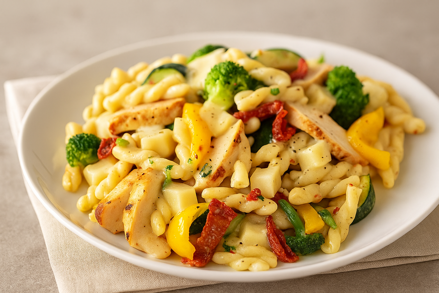 Mozzarella pasta with chicken, Alfredo-style
