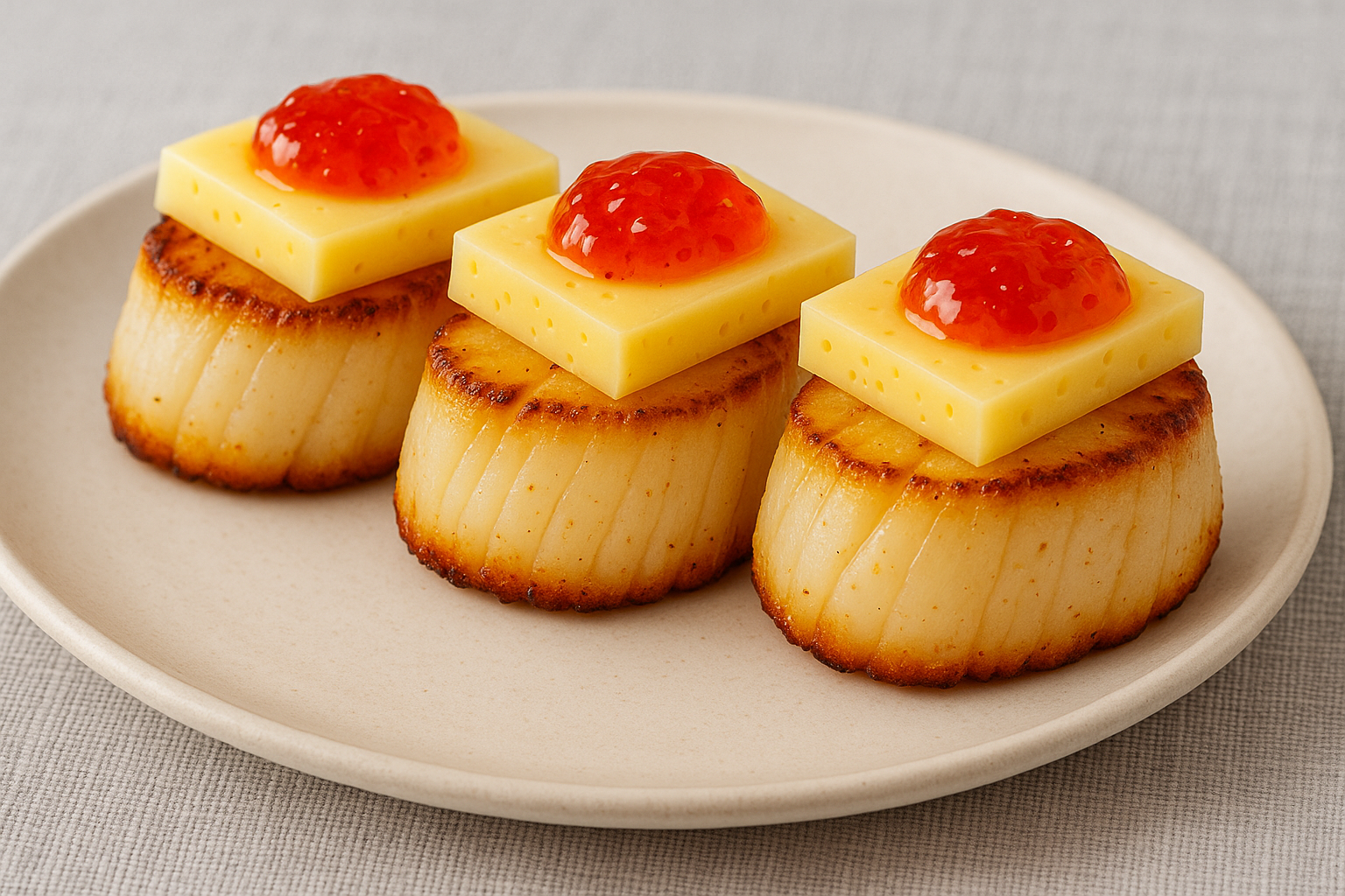 Pepper jelly scallops with Havarti