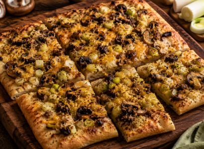 Cheddar, leek & mushroom focaccia