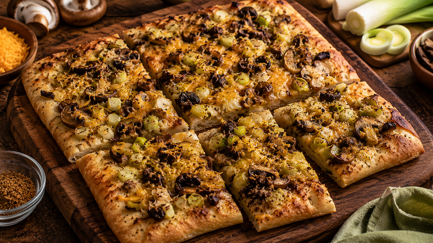 Cheddar, leek & mushroom focaccia