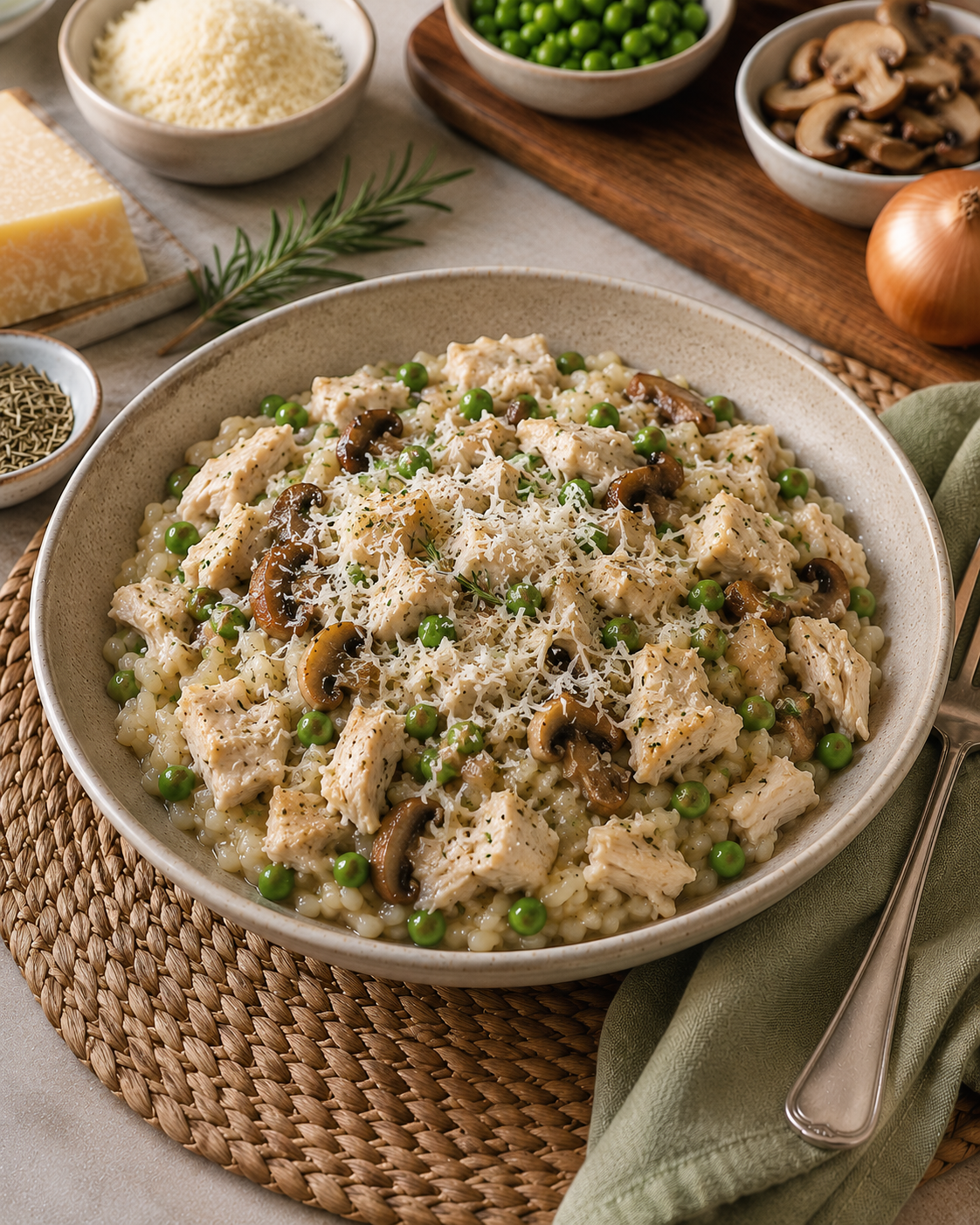 Risotto au poulet, aux petits pois et aux champignons
