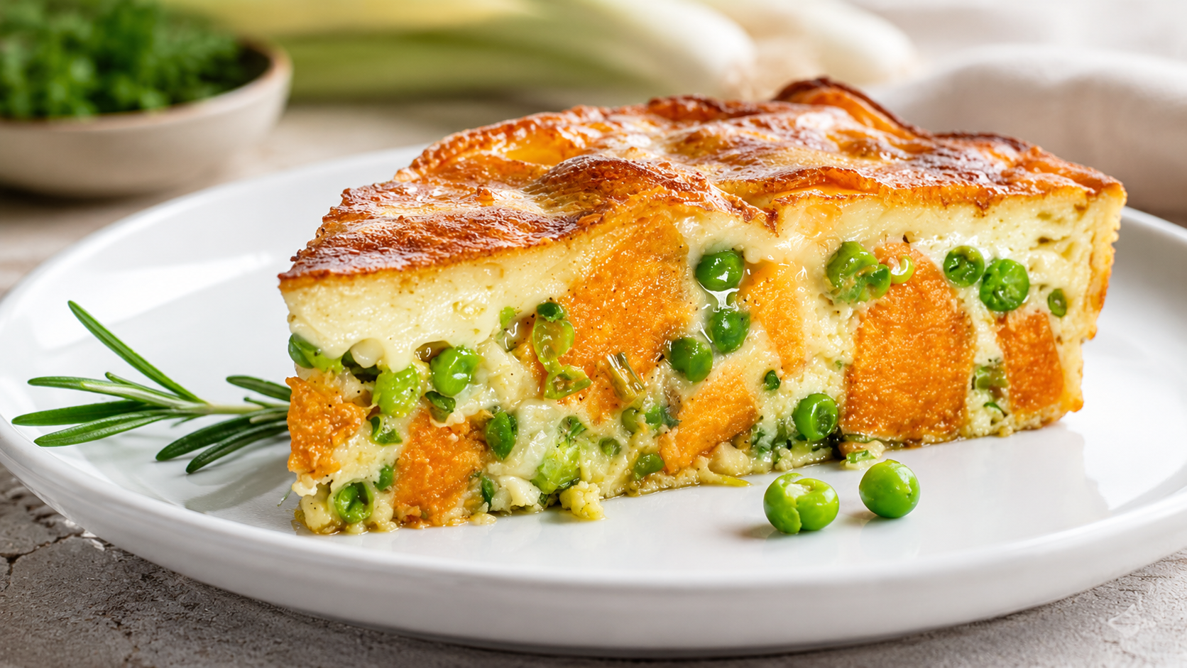 Tarte aux patates douces, aux petits pois et au fromage Oka